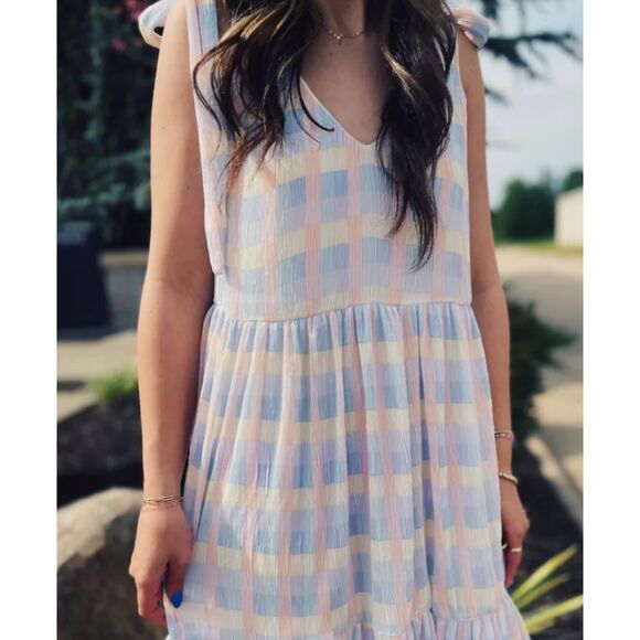 Meet Me in Santorini Pastel Check Dress Tie Straps Lined Mini Cottagecore  Sz S - Picture 5 of 10
